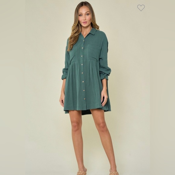 Dresses & Skirts - Teal Long Sleeve Button Down Shirt Dress with Pleats